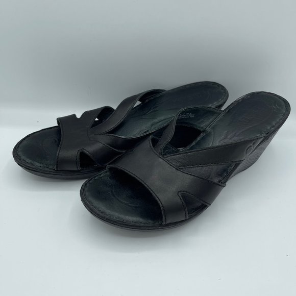Born Shoes - Born Black Wedge Leather Open Toe Sandals